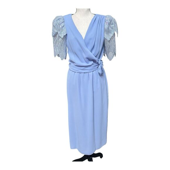 VTG 80s Blue Evening Gown Sequin Statement Sleeves Wrap Waist Dress Fairy Core - Picture 1 of 10